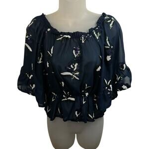 Sequin Peplum Floral Ruffle Blouse Sz S Flutter Sheer Dressy Fairy Feminine Navy